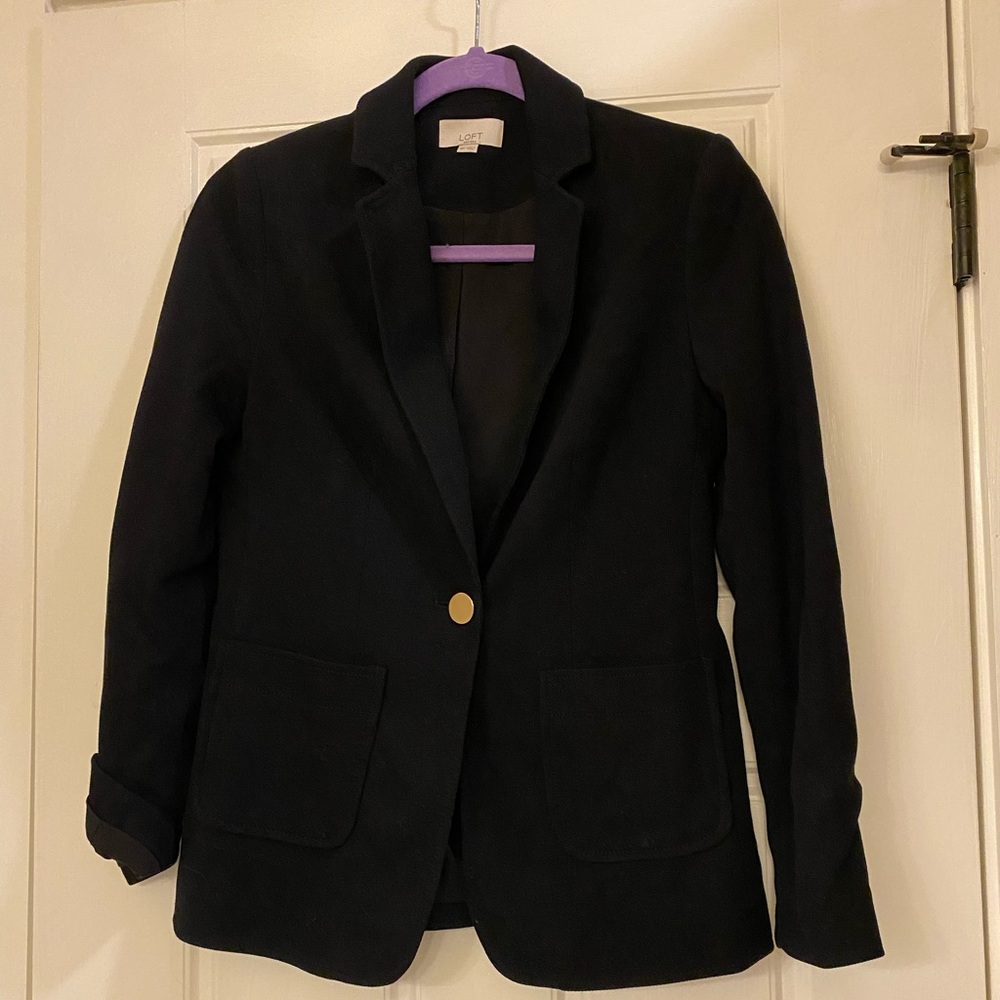 Black textured LOFT blazer with chic brass mirror buttons